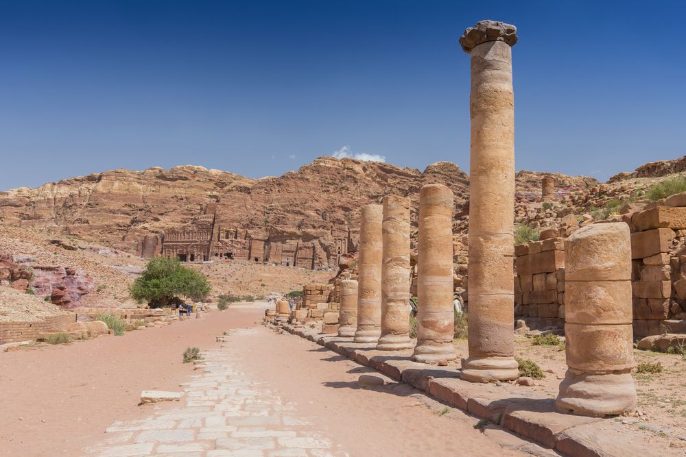 Columns along the Roman cobblestone road in Petra