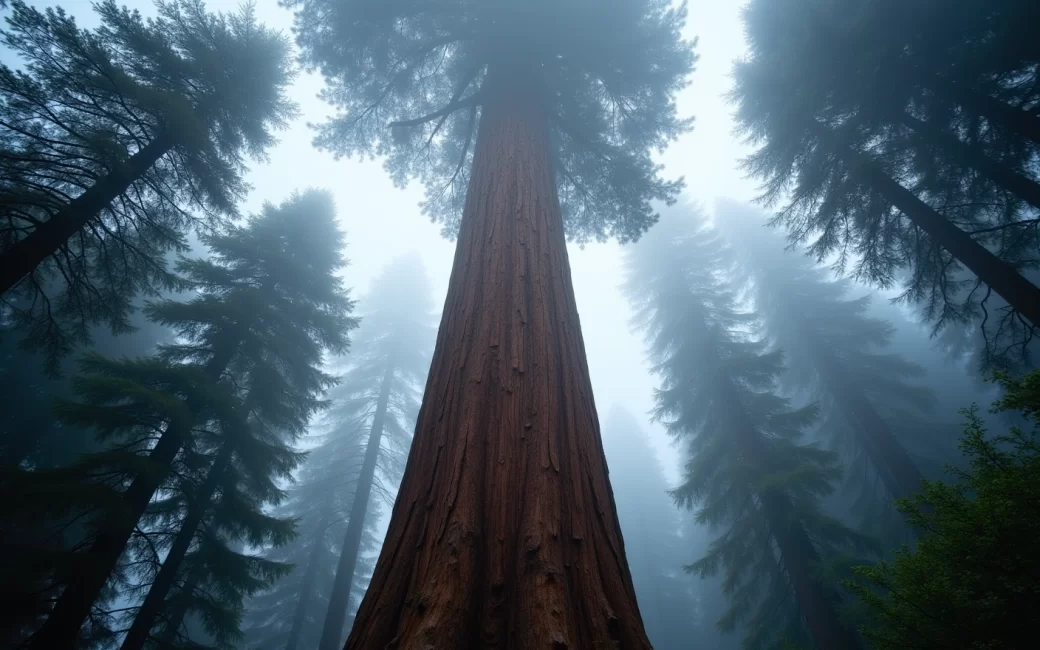 Ancient coast redwood tree rising into fog-shrouded sky with forest canopy at base
