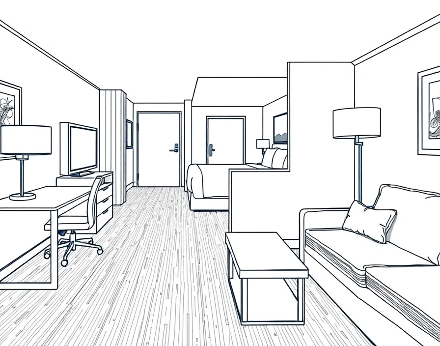 Holiday Inn Express suite with defined living room and bedroom areas separated.